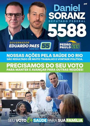 Capa do folder: Daniel Soranz 5588, deputado federal, com Eduardo Paes e Pedro Paulo